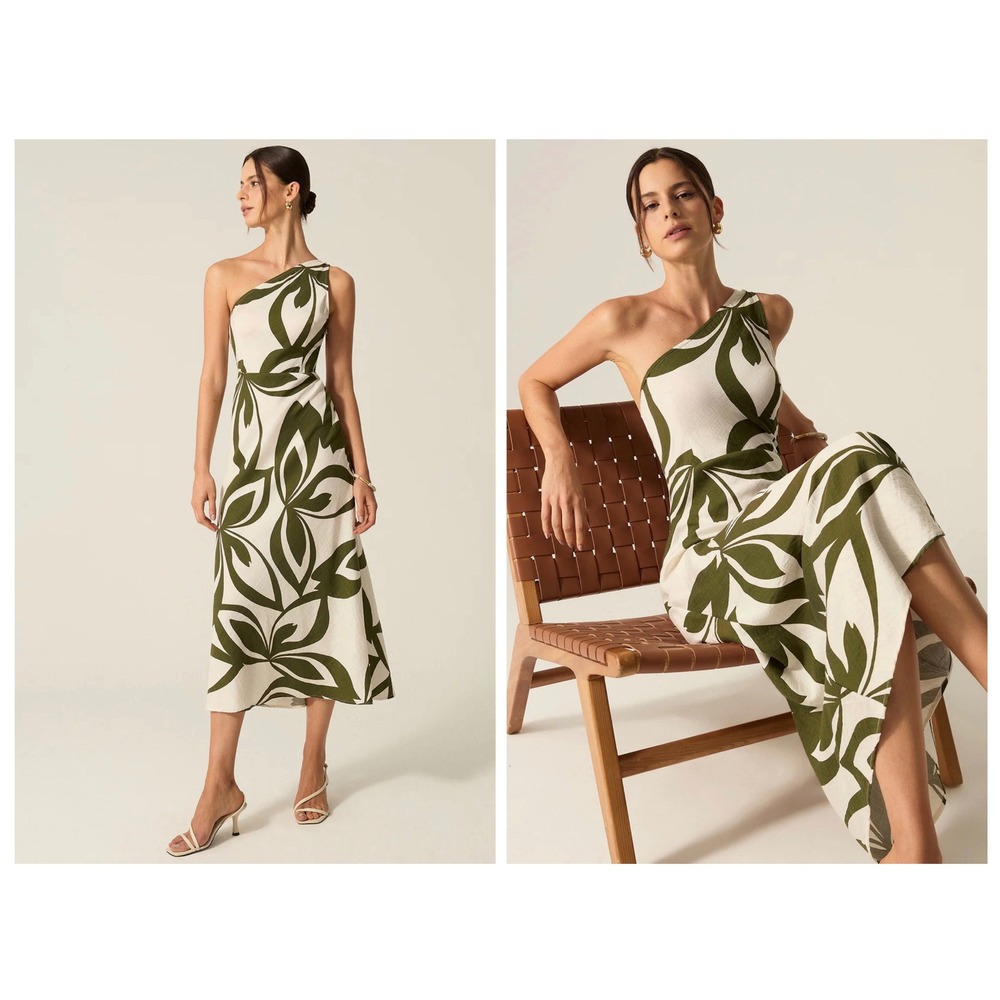 Commense One Shoulder Midi Dress Womens Small Cream Green Botanical Leaf Print